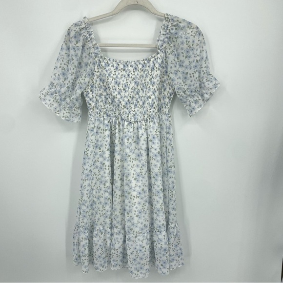 Light Blue Floral Smocked Mini Dress white Sz S - Picture 1 of 8